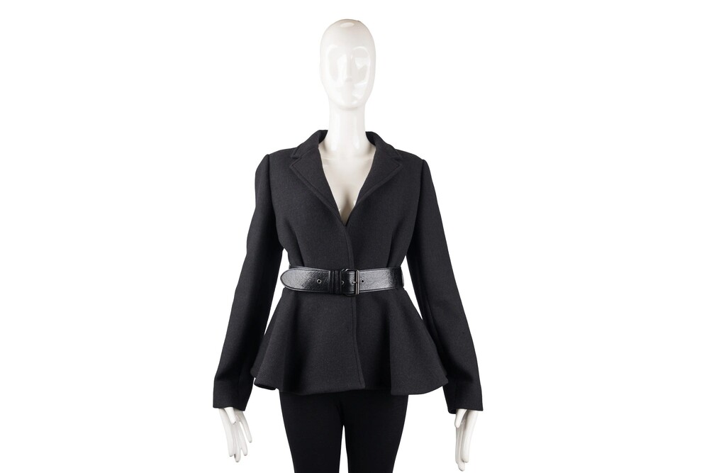 Miu Miu Black Gray Belted Peplum Jacket Wool Silver Hardware Size 44
